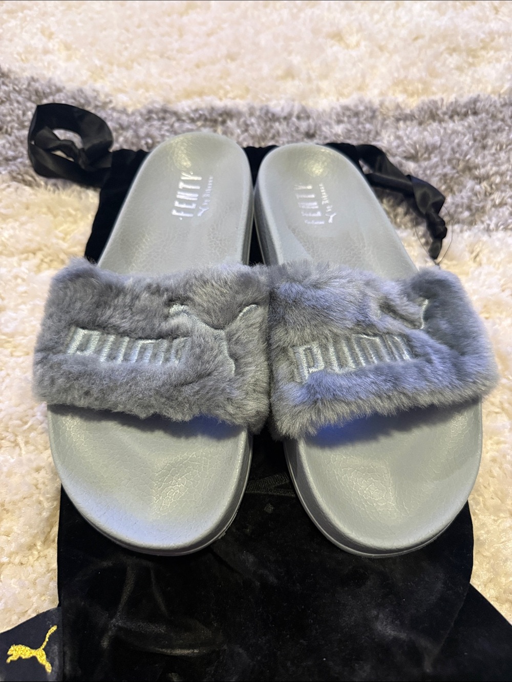 Puma Gray Faux-Fur Slide Sandals
